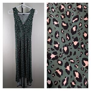 Torrid Studio Knit Hi-Low Midi Length Sleeveless Dress Green Leopard